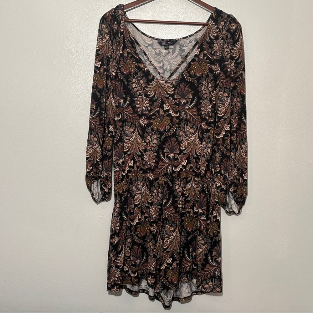 American Eagle Outfitters Womens Boho Paisley V-Neck Long Sleeve Romper‎ M Brown